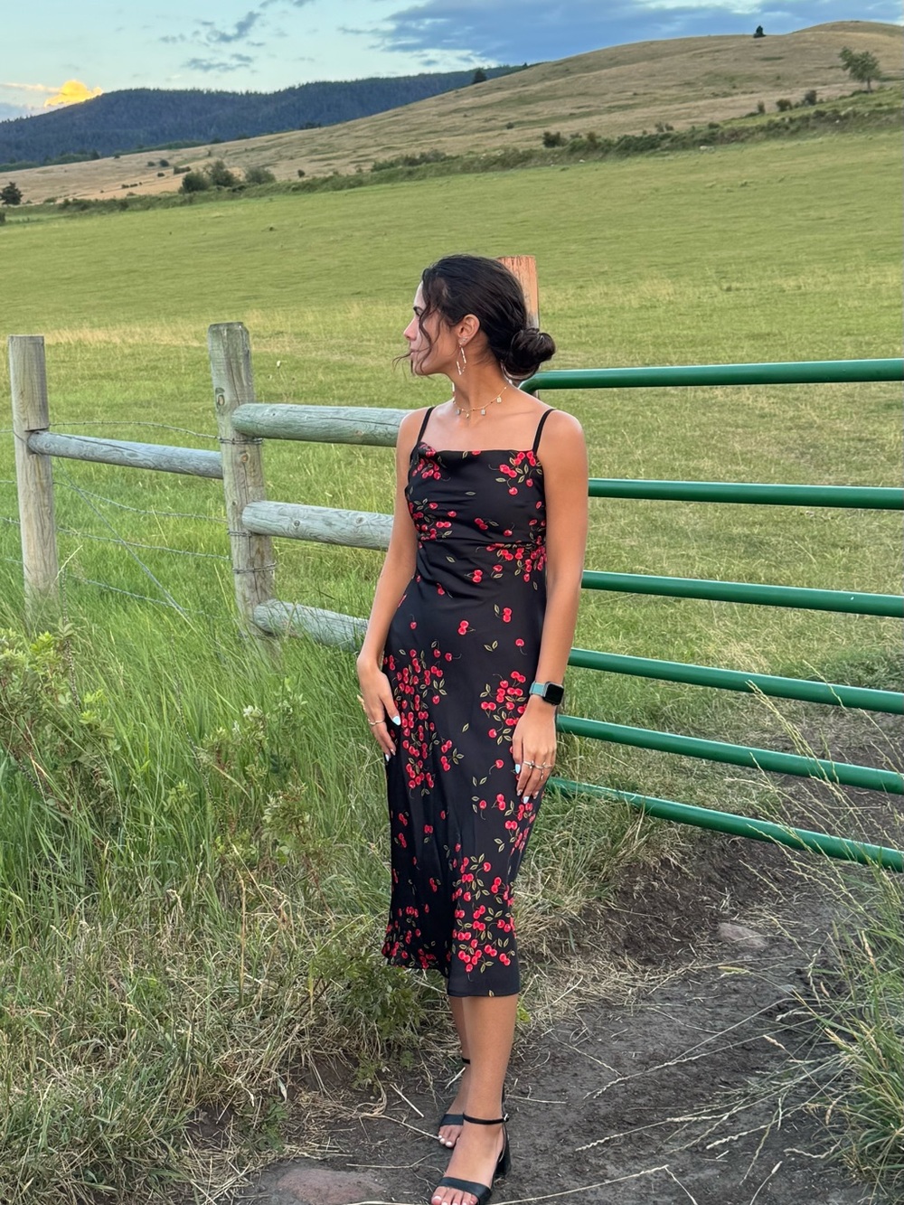 Black Floral Slip Midi Dress with Red Cherry Print